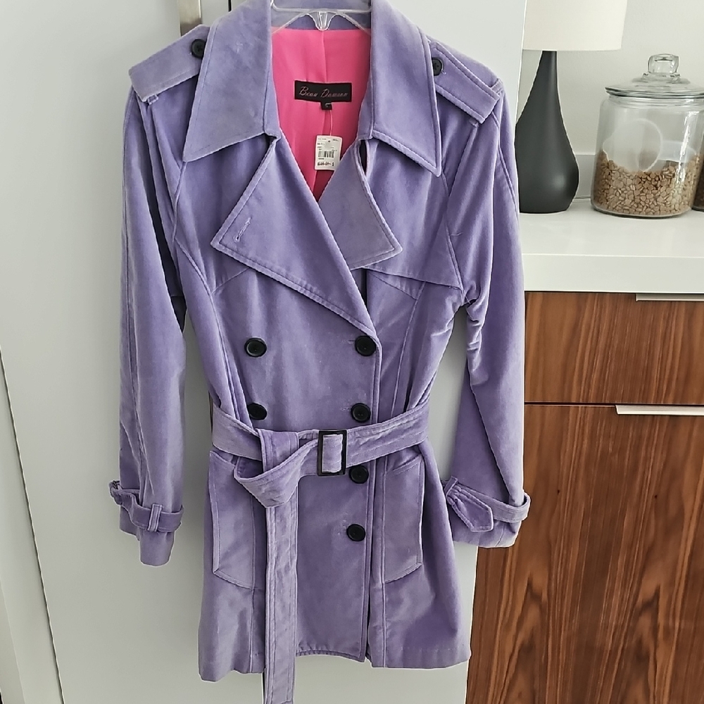Beau Dawson Velvet Purple Trench Coat with Wide Lapels and Belt